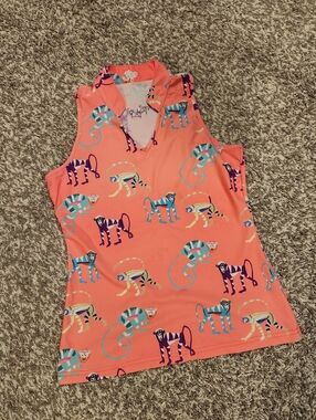 Tzu TZU size S Bright Coral Sleeveless V-Neck Top,  Colorful Monkey Print Golf